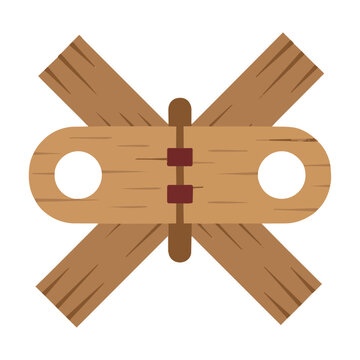 Vintage wooden pillory with rounded circular openings isolated on a white background historical punishment concept