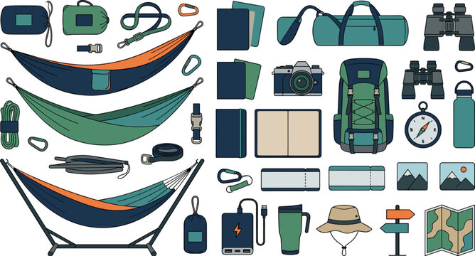 Camping and hiking vector elements set featuring hammocks backpacks binoculars compass maps and outdoor travel adventure gear equipment