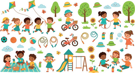 Diverse preschool children playing outside illustration collection with park trees playground slide jump rope balls and active kindergarten students, © MstRahima