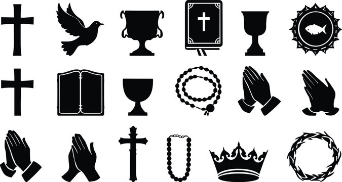 Christian religious icons set including crucifix holy bible praying hands chalice dove rosary crown and crown of thorns