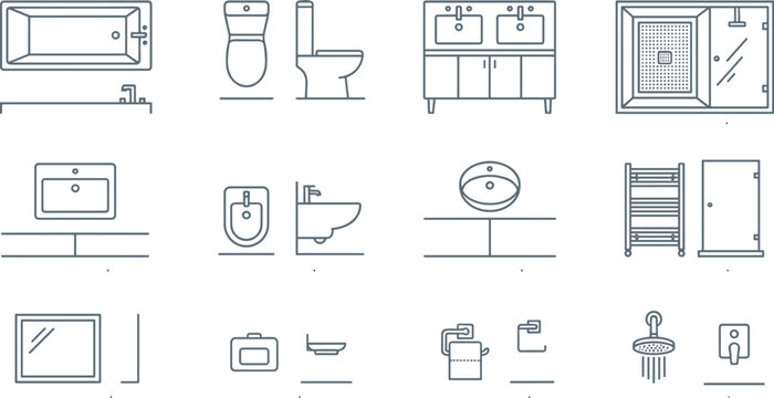 Bathroom plan and interior plumbing line icon set with bathtub toilet sink shower cabinet bidet mirror and fixtures vector
