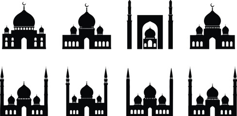 Islamic Mosque Building Silhouette Vector Set Featuring Domes, Minarets, Crescent Moon, and Ramadan Architecture Icons © Mst Shamima