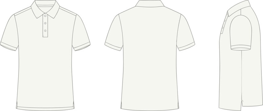 Blank polo shirt technical fashion drawing template featuring front back and side views clothing mockup for apparel design vector illustration