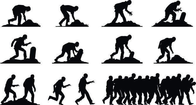 Halloween zombie silhouettes set with undead monster figures crawling from graves and walking in crowd isolated on white background
