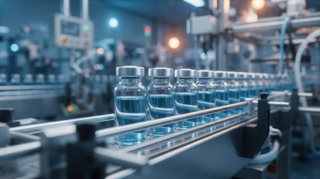 Quality control in a modern pharma factory showing blue liquid in clear glass vials moving along a sterile manufacturing production line.