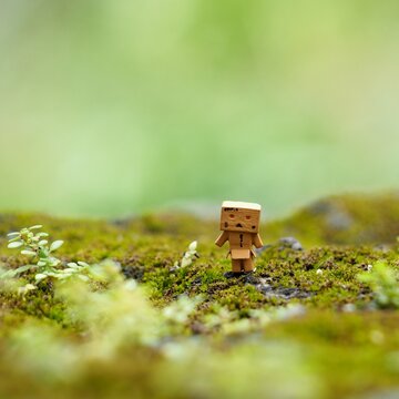 Indonesia - October 30, 2024 : Mini toy of action figure at outdoor with blurred background. Miniature photography concept design. Minifigure of Danbo character.