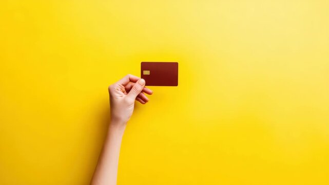 Hand holding a blank red credit card against a vibrant yellow background for financial commerce and online shopping concepts in a studio setting
