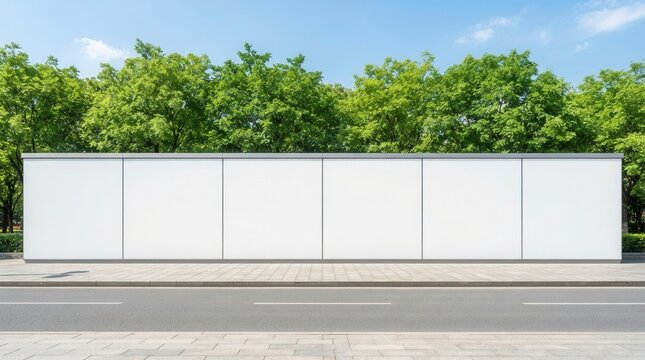 Urban city street featuring a blank white hoarding and billboards lined with green trees.