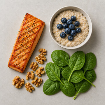 Salmon fillet, oatmeal with blueberries, walnuts and spinach on neutral background, clean eating concept.