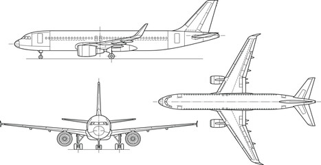 Commercial airplane blueprint vector illustration featuring side front and top view technical orthographic drawings of passenger jet airliner for engineering design © MdJaynal