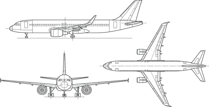 Commercial airplane blueprint vector illustration featuring side front and top view technical orthographic drawings of passenger jet airliner for engineering design