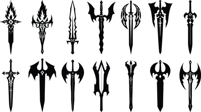 Set of fantasy swords and medieval weapons black silhouettes including sharp dagger winged blade battle axe flaming sword demonic blade isolated on white background