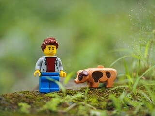 Fototapeta premium Indonesia - February 14, 2023 : Mini toy of action figure at grassland with blurred background. Toy photography concept. Farmer at outdoor conceptual design.