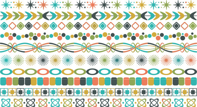 Mid century modern geometric seamless borders kit featuring retro atomic stars dots leaves loops and colorful abstract decorative pattern vectors