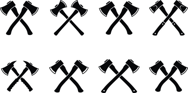 Crossed axe and hatchet black silhouette icon set featuring different lumberjack tool shapes and wood chopping equipment styles vector