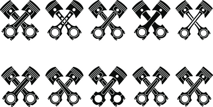 Crossed engine piston and connecting rod black silhouette vector icon set featuring various automotive mechanical designs isolated on white background