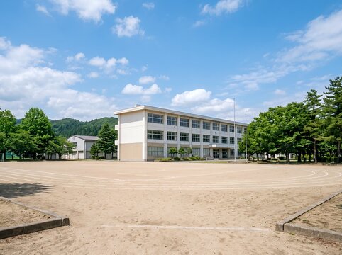 日本の学校の校舎と運動場青空が広がる広大なグラウンド