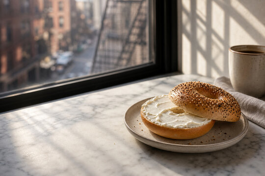 New York bagel with cream cheese and fire escape shadow, urban breakfast moment.