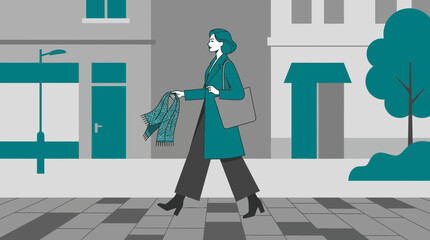 Stylish Shopper Walking on Urban City Sidewalk Carrying Fashionable Tote Bag and Patterned Scarf