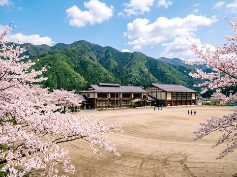 日本の山里に春の訪れ桜咲く学び舎校庭と美しい青空
