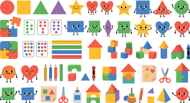 Preschool mathematics and kindergarten learning elements collection with smiley shape characters building bricks glue scissors and colorful crayons,