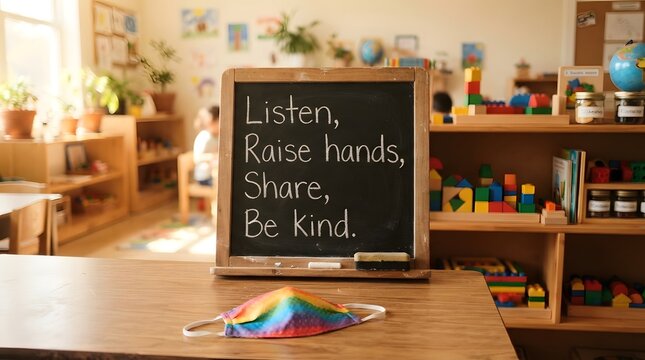 Small chalkboard with classroom rules and a rainbow face mask on a wooden desk in a preschool