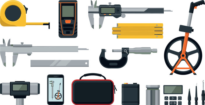Professional measuring tools vector asset kit featuring digital caliper tape measure micrometer distance laser level and construction surveying equipment