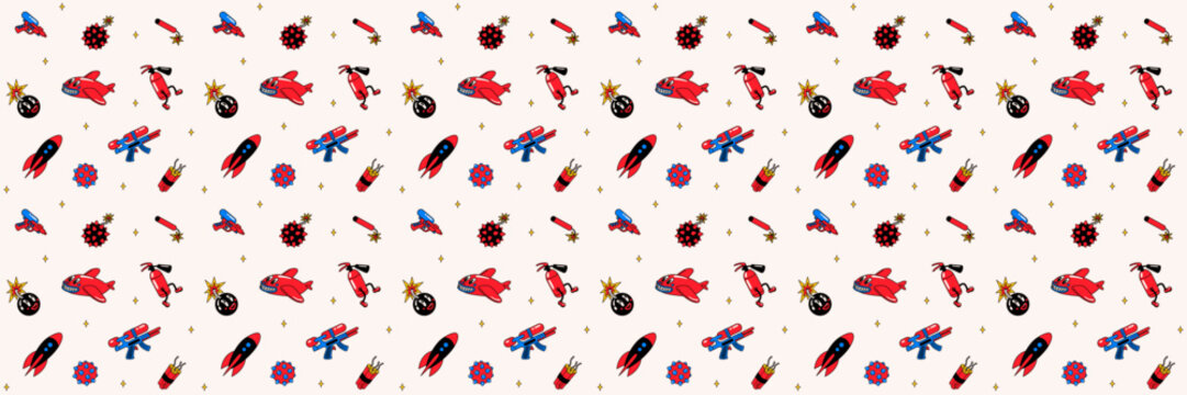Pattern groovy sticker with planes, rockets and bombs