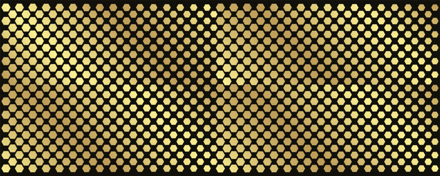 Golden panel hexagon for metallic sequin geometric and pattern black background. Glowing modern premium for gold luxury honeycomb and texture abstract design.