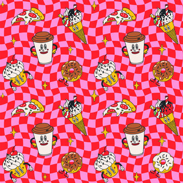 Vector groovy comic with pizza, coffee and donuts