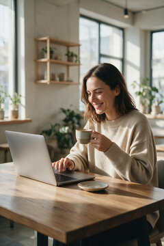 Smiling young woman working on laptop in cozy sunlit cafe, holding a coffee cup, remote work and lifestyle concept
