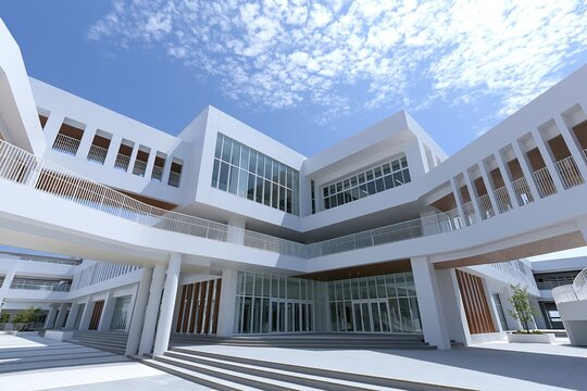 青空に映えるモダン建築白い外観が美しい学校施設