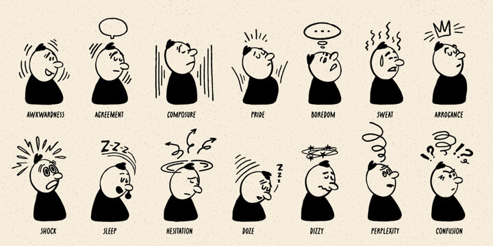 Comic character set with expressive faces and vintage style symbols showing emotions. Comic line doodle expressions with motion effects fit stickers, posters, and icons