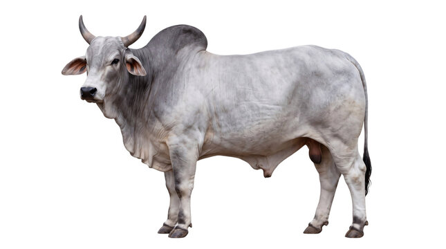 Grey zebu bull standing proudly on a white png isolated on transparent background