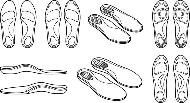 Orthopedic shoe insole line icon set with arch support foot pads side view and top perspective view vector layout illustration