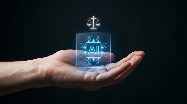 Hand holding AI ethics icon. Digital concept of artificial intelligence law and regulation.