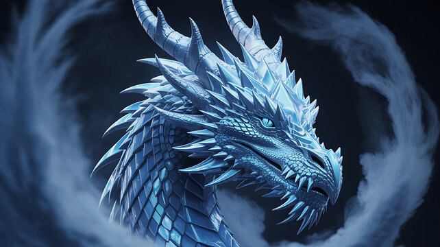 Majestic ice dragon head with crystalline scales, mythical winter creature portrait, frost elemental beast in swirling blue mist and smoke
