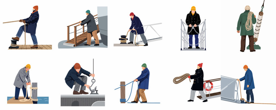 Set of flat illustrations depicting professional sailors and dockworkers performing various maritime tasks like mooring, carrying ropes, and boarding ships.