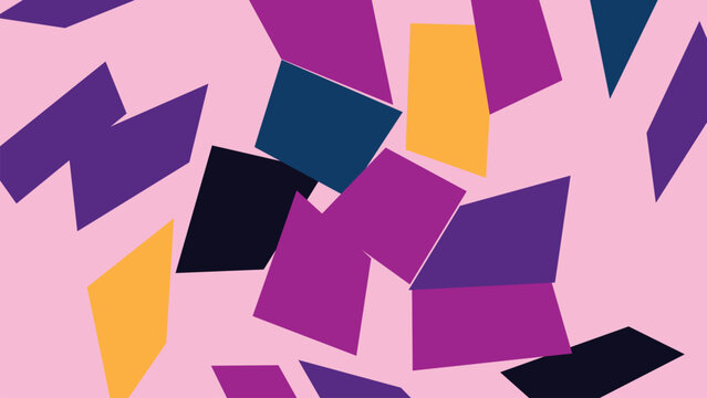 Abstract composition displaying diverse quadrilaterals in dark purple and yellow scattered across a soft pastel pink surface for trendy style.