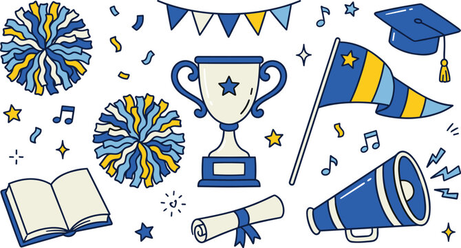 School spirit and graduation celebration doodle icon set featuring trophy cup poms pennant flag megaphone graduation cap and diploma scroll vector illustration