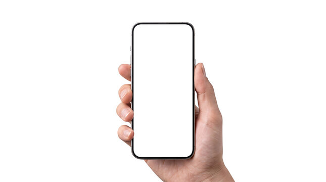 Hand holding a smartphone with a blank white screen png isolated on transparent background
