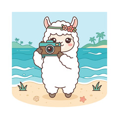 Fototapeta premium Cute cartoon llama taking a photograph with a camera on a tropical beach.