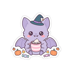 Obraz premium Cute cartoon purple bat wearing a witch hat holding a mug with hot cocoa and marshmallows surrounded by halloween candies and pumpkins.