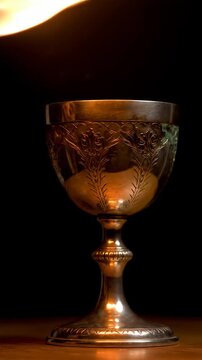 Antique chalice with flames rising, metal cup on dark background