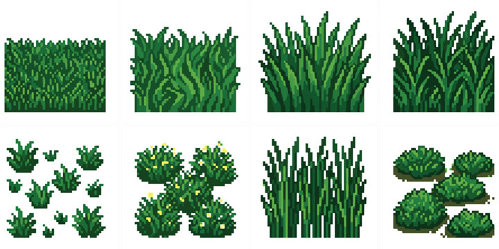 Pixel art green grass and bushes vector asset set for retro game landscape environment design