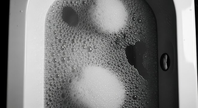 Close Up Shot Of Bubbles Washing In A White Bathtub