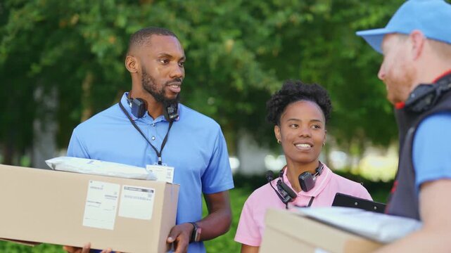 Three smiling delivery workers standing together with packages after completing deliveries. Teamwork, positive workplace culture, and professional courier services.