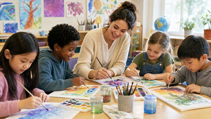 Fototapeta premium Teacher helping diverse elementary students paint with watercolors around table in classroom