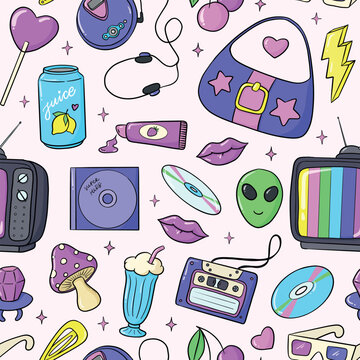 Seamless Y2K doodle pattern featuring nostalgic objects on a light pink background. Cute repeat design for fabric, wrapping paper, stationery, wallpapers, and textiles. EPS 10