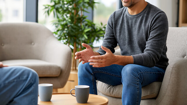 Faceless middle aged man listening in bright therapy room on a neutral armchair during calm session